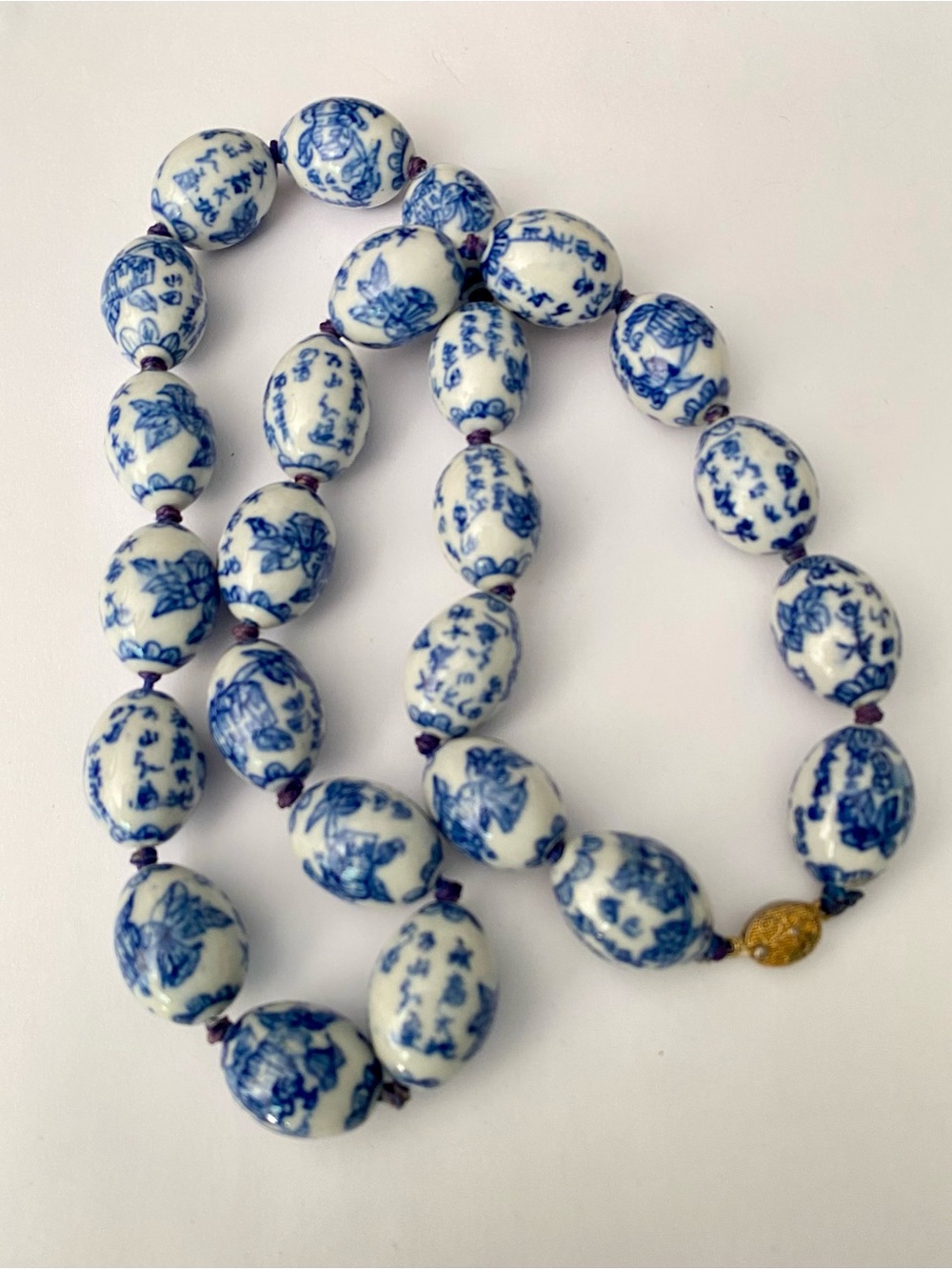 Vintage Blue White Chinese Porcelain Bead Necklace Asian Beads Knotted